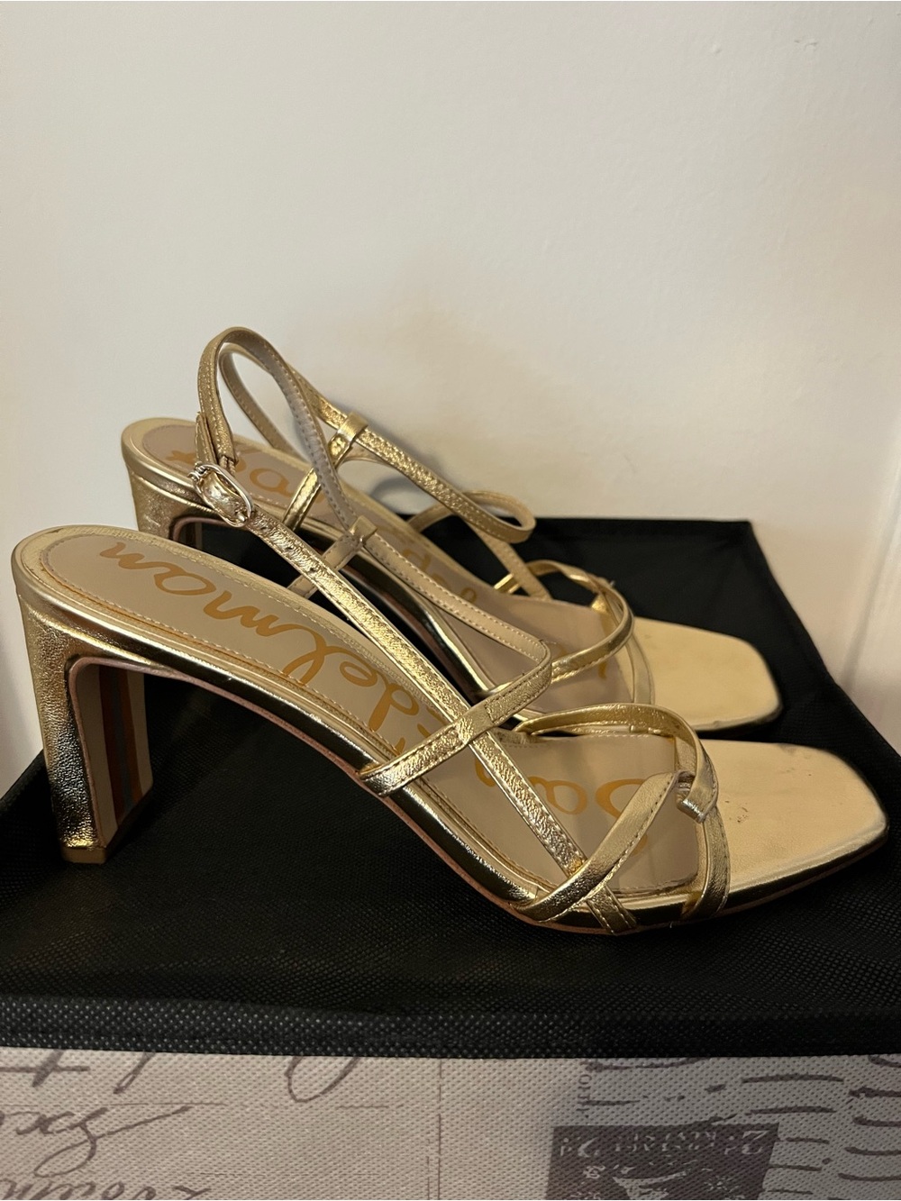 Sam Edelman Metallic Gold Strappy Block Heel Sandals
